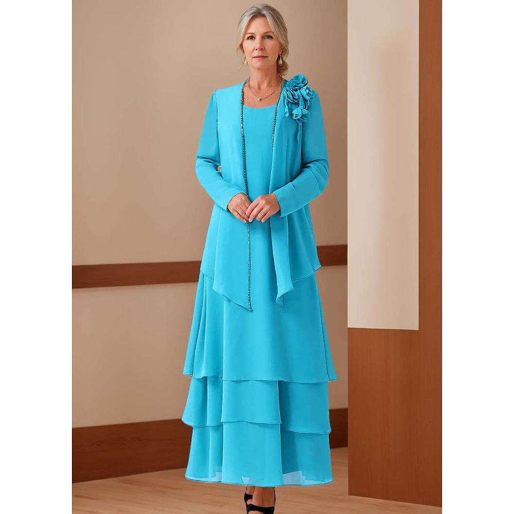 A-Linie, dreiteiliges Kleid für die Mutter der Braut, elegant, Vintage, schlicht, Rundhalsausschnitt, bodenlang, ärmellos, langärmliges, geblümtes Jackenkleid mit kaskadierenden Rüschen, 2025 Lightinthebox