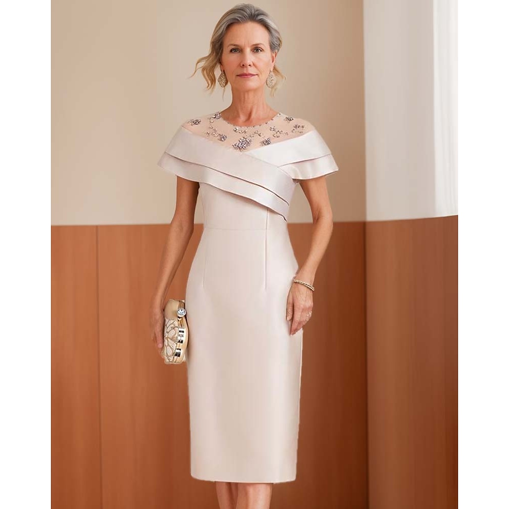 Kleid für die Mutter der Braut, wadenlang, elegant, Vintage, schlicht, Rundhalsausschnitt, Satin-Tüll, kurze Ärmel, mit Falten, kaskadierende Rüschen, Rauten, einfarbig, 2025 Lightinthebox