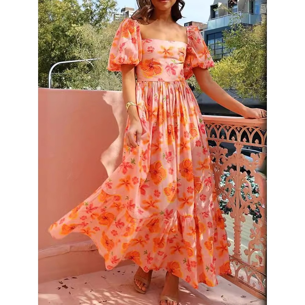 Damen Casual kleid Elegant Kuschelig Stilvoll Graphic Maxidress Kurzarm Volantärmel Quadratischer Ausschnitt Rüsche Bedruckt Regular Fit Urlaub Party Täglich Orange Sommer Frühling Lightinthebox