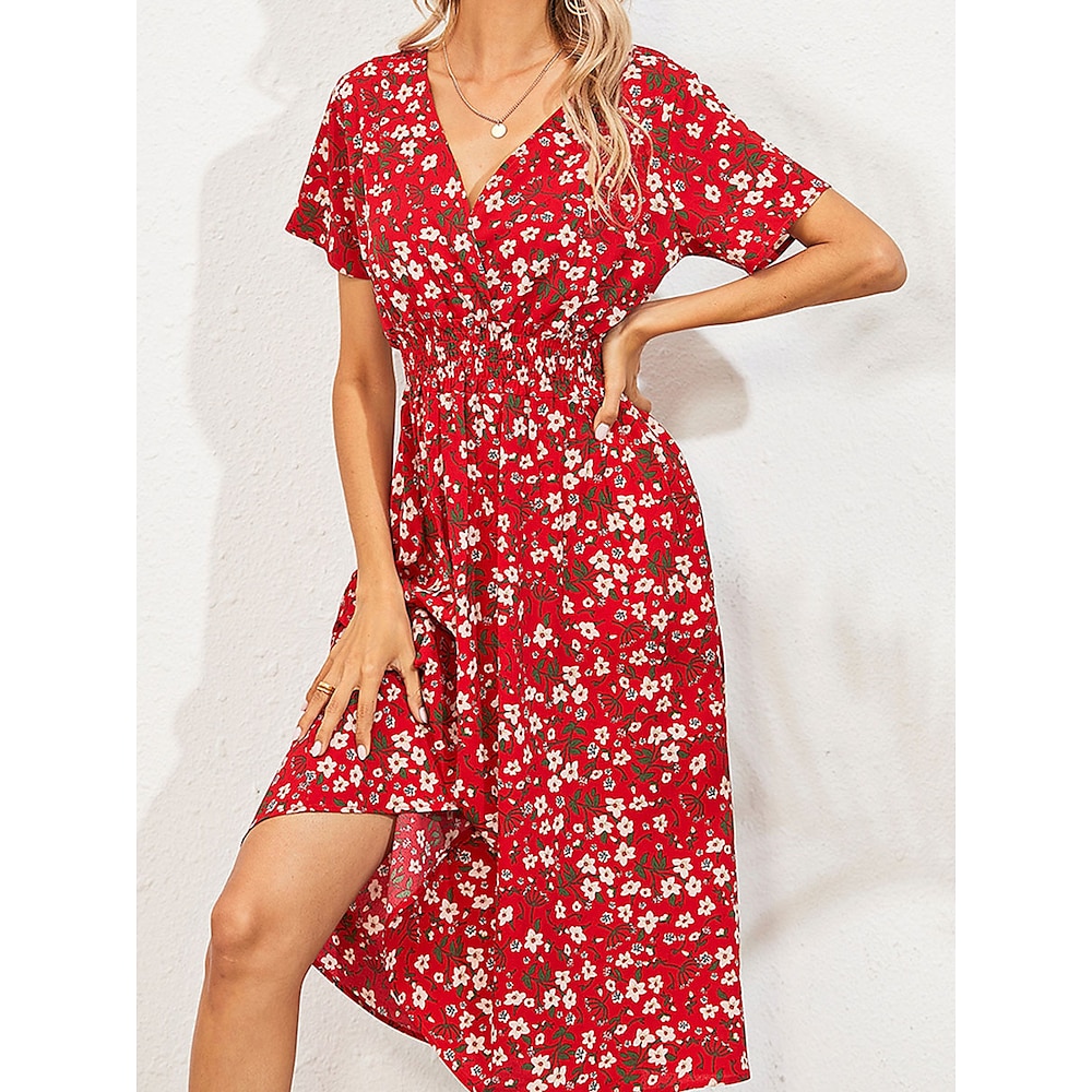 Damen Casual kleid Kuschelig Stilvoll Brautkleider schlicht Graphic Midikleid Kurzarm V Ausschnitt Elastische Taille Bedruckt Lockere Passform Urlaub Täglich Strand Rote Grün Sommer Frühling Herbst Lightinthebox