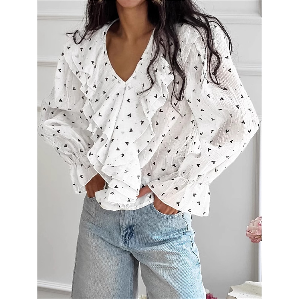 Damen Hemd Bluse Elegant Stilvoll Brautkleider schlicht Valentinstag Herz Normale Oberteile Langarm Puffärmel V Ausschnitt Patchwork Bedruckt Regular Fit Täglich Weiß Sommer Frühling Herbst Lightinthebox