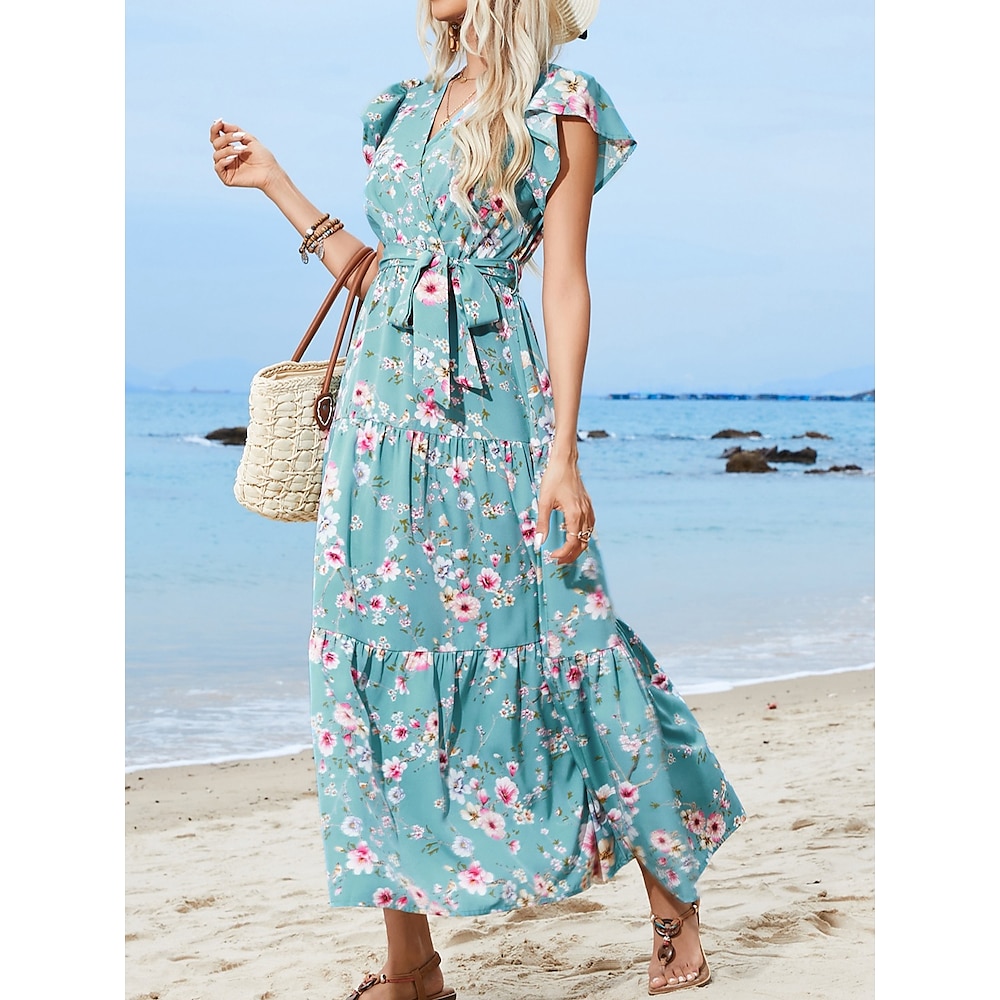 Damen Casual kleid A Linie Kleid Stilvoll Brautkleider schlicht Blumen Graphic Maxidress Kurzarm V Ausschnitt Bedruckt Regular Fit Urlaub Täglich Leicht Blau Sommer Lightinthebox