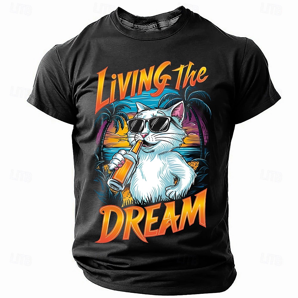 Herren Katze T Shirt Kurzarm T-Shirt 3D-Druck Rundhalsausschnitt Hemd Tropisch Hawaiianisch Urlaub Strasse Täglich Schwarz Blau Sommer Frühling Bekleidung S M L XL XXL XXXL Lightinthebox