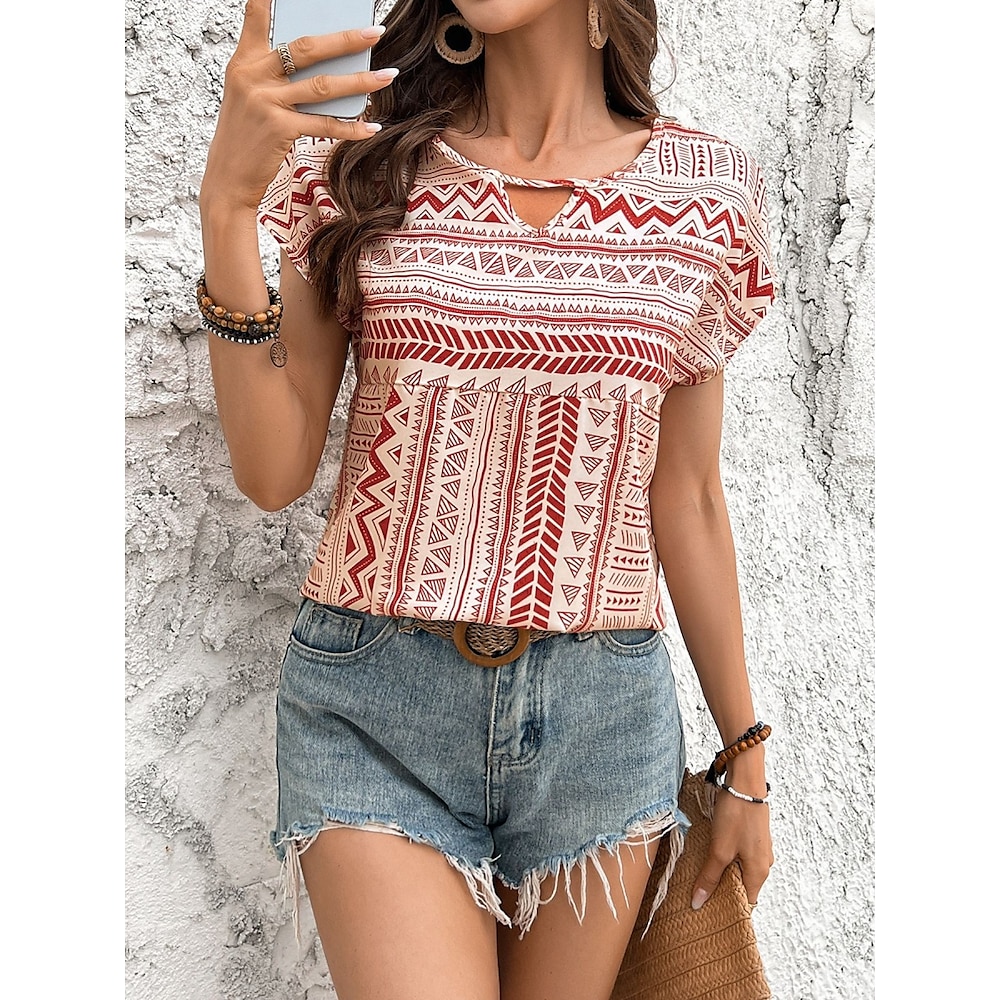 Damen Hemd Bluse Böhmen Täglich Brautkleider schlicht Geometrisch Normale Oberteile Kurzarm V Ausschnitt Bedruckt Regular Fit Täglich Weiß Rote Sommer Lightinthebox