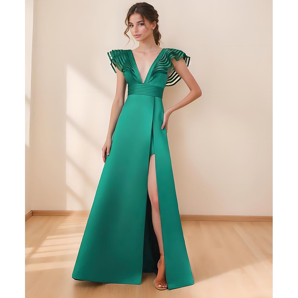 A-Linie Abendkleider Elegant Kleid Formal Abendgesellschaft Boden-Länge Ärmellos V Ausschnitt Gürtel / Schärpe Satin mit Schlitz 2024 Lightinthebox