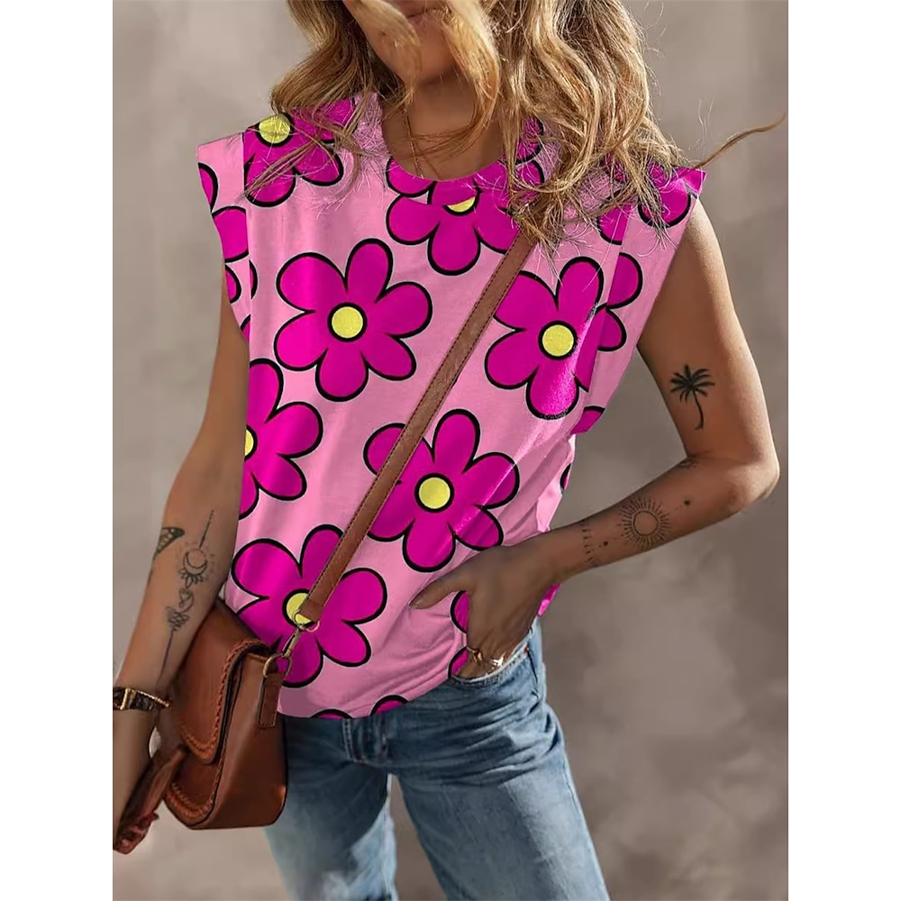 Damen T Shirt Modisch Modern Brautkleider schlicht Blumen Normale Oberteile Ärmellos Rundhalsausschnitt Regular Fit Täglich Ausgehen Wochenende Rosa Sommer Frühling Lightinthebox