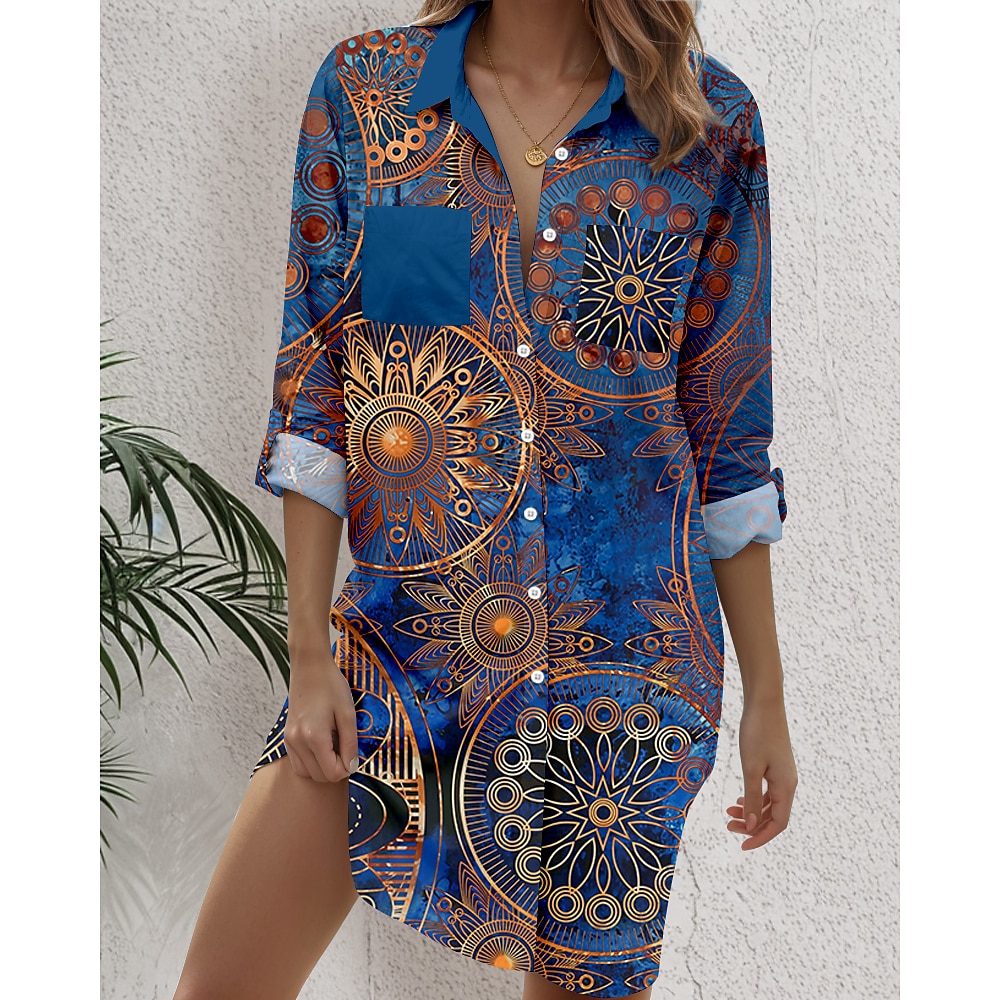 Damen Bluse Retro Vintage Graphic Lange Oberteile Langarm Hemdkragen Knopf Bedruckt Formschluss Marineblau Frühling Herbst Lightinthebox