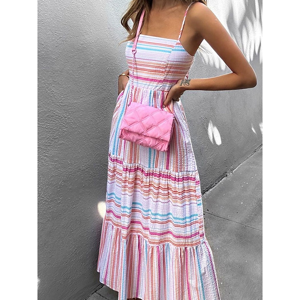 Damen A Linie Kleid skims dress Kuschelig Stilvoll Brautkleider schlicht Streifen Midikleid Ärmellos Gurt Rüschen Bedruckt Regular Fit Urlaub Täglich Strand Rosa Sommer Frühling Lightinthebox