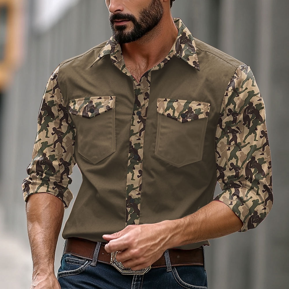 Herren Tarnfarben Westernhemd Cowboy-Shirt Langarm Western Sports Outdoor Frühling Herbst Umlegekragen Knopf hoch 2 Taschen Schwarz Grün Lightinthebox