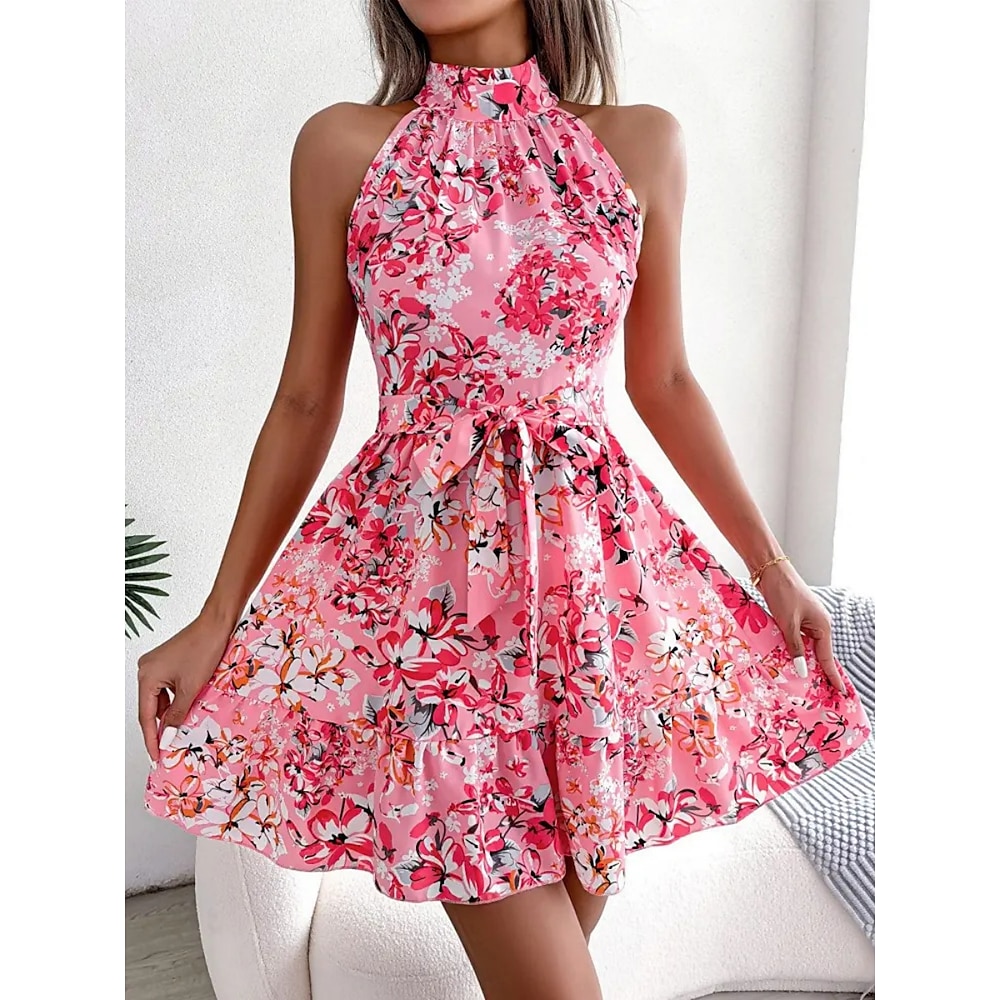 Damen Casual kleid A Linie Kleid Stilvoll Brautkleider schlicht Blumen Minikleid Ärmellos Halfterhals Vorne binden Bedruckt Regular Fit Urlaub Täglich Rosa Blau Frühling Herbst Lightinthebox