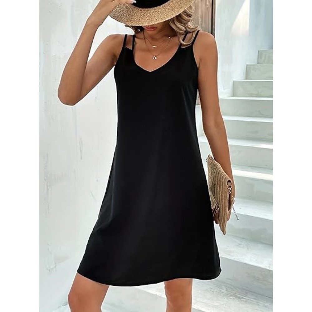 Damen schwarzes kleid Casual kleid skims dress Stilvoll Basic Brautkleider schlicht Glatt Minikleid Ärmellos Gurt Rüschen Regular Fit Urlaub Täglich Schwarz Braun Sommer Lightinthebox