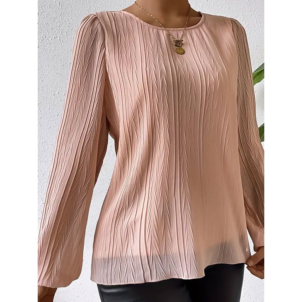 Damen Hemd Bluse Stilvoll Brautkleider schlicht Feste Farbe Normale Oberteile Langarm Rundhalsausschnitt Patchwork Regular Fit Täglich Rosa Sommer Frühling Lightinthebox