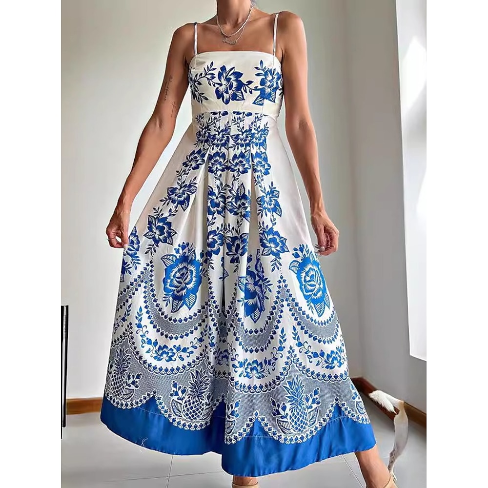 Damen Casual kleid A Linie Kleid Elegant Böhmen Stilvoll Blumen Maxidress Ärmellos Gurt Bedruckt Regular Fit Urlaub Täglich Strand Leicht Blau Sommer Frühling Lightinthebox