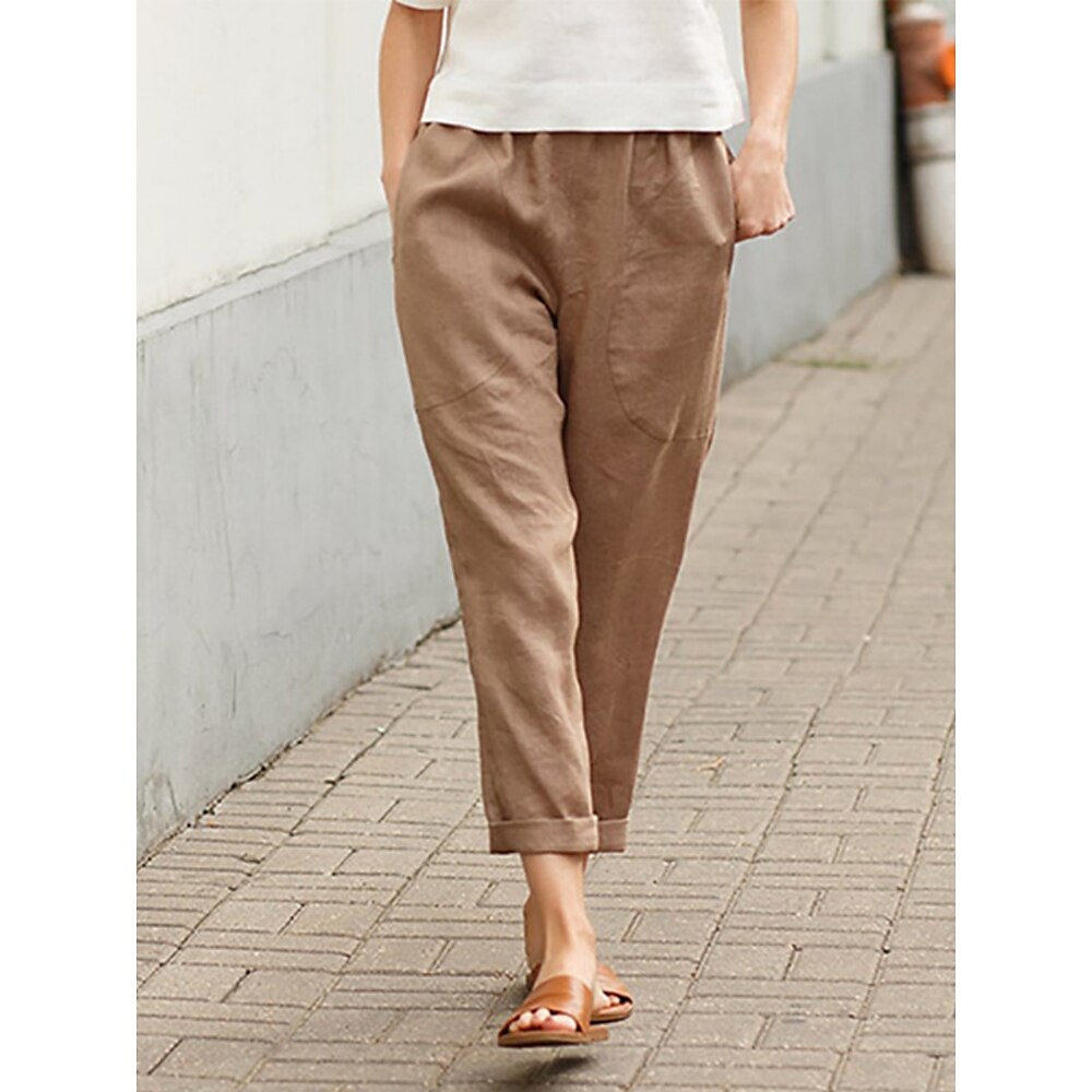 Damen Hose aus Baumwollleinen Chinesisch Chino Modisch Strassenmode In voller Länge Hoher Taillenbund Glatt Tasche Elastischer Bund Bequem Weich Komfortabel Mikro-elastisch Outdoor Strasse Weiß Rote Lightinthebox