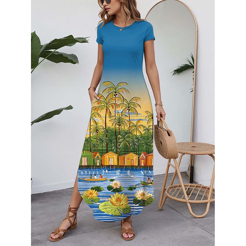 Damen Casual kleid Vintage Tropisch Maxidress Kurzarm Rundhalsausschnitt Gespleisst Bedruckt Abgerundeter Saum Regular Fit Urlaub Blau Sommer Lightinthebox