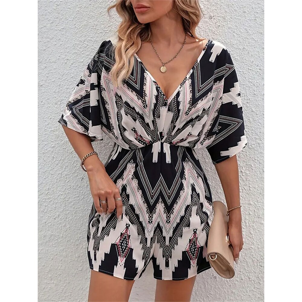 Damen Normal Kurz Jumpsuit Aktiv Geometrisch Kurzarm V Ausschnitt Hohe Taillenlinie Bedruckt Urlaub Täglich Regular Fit Schwarz Sommer Lightinthebox