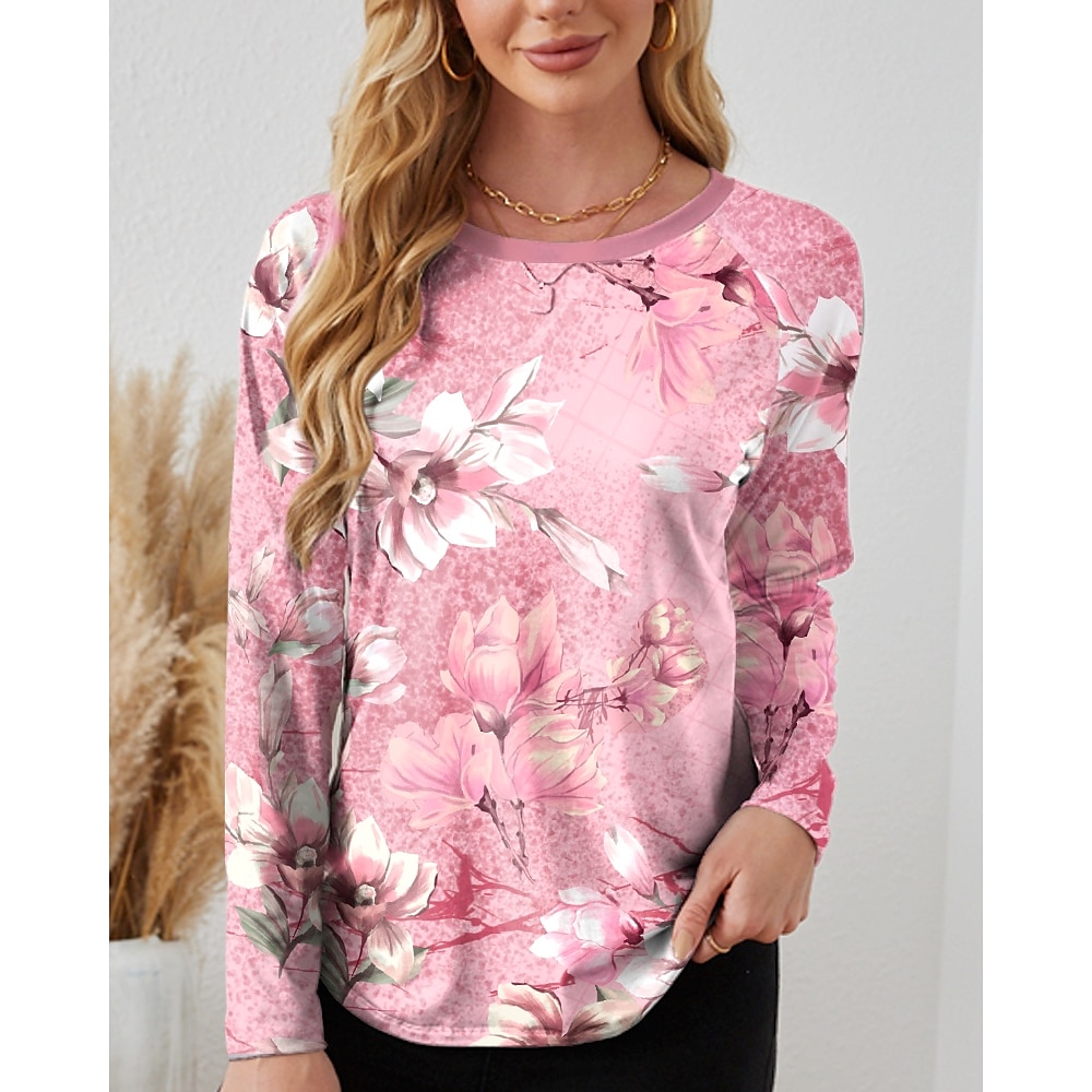 Damen T Shirt Brautkleider schlicht Blumen Ölgemälde Blumen Lange Oberteile Langarm Rundhalsausschnitt Bedruckt Regular Fit Täglich Schwarz Weiß Rosa Blau Grün Herbst Winter Lightinthebox