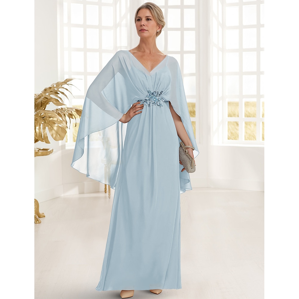 A-Linie Kleid Brautmutterkleid Elegant V Ausschnitt Boden-Länge Chiffon Halbe Ärmel mit Spitze Einheitliche Farbe 2025 Lightinthebox