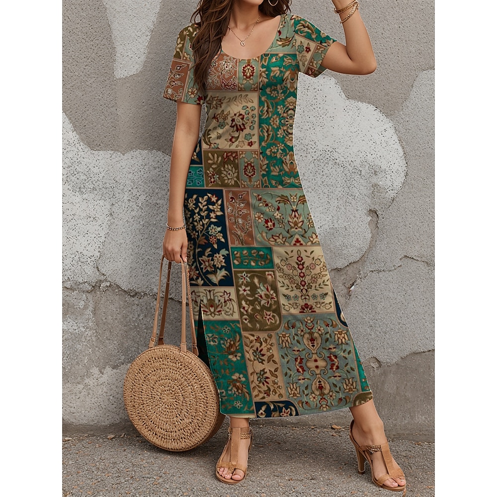 Damen Casual kleid Boho Chic Kleider Böhmen Kuschelig Stilvoll Graphic Maxidress Kurzarm Rundhalsausschnitt Bedruckt Gespaltener Oberschenkel Regular Fit Urlaub Täglich Strand Grün Sommer Frühling Lightinthebox