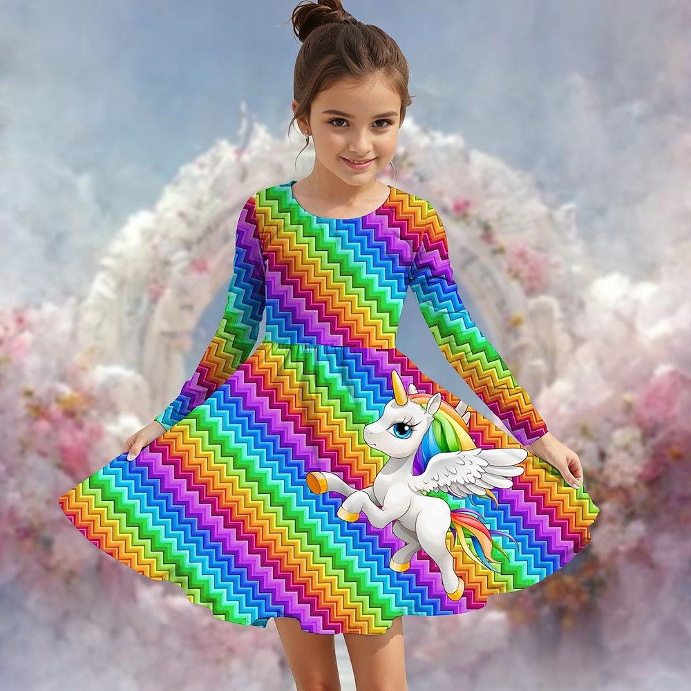 Mädchen' 3D Graphic Einhorn Kleid Langarm Sommer Frühling Urlaub Täglich Festtage Prinzessin Schön Süß kinderkleidung 4-12 Jahre Casual kleid A Linie Kleid Knielang Regular Fit Lightinthebox