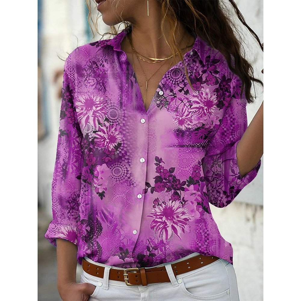 Damen Hemd Bluse Stilvoll Brautkleider schlicht Blumen Normale Oberteile Langarm Hemdkragen Knopf Bedruckt Regular Fit Täglich Rote Blau Purpur Grün Sommer Frühling Lightinthebox