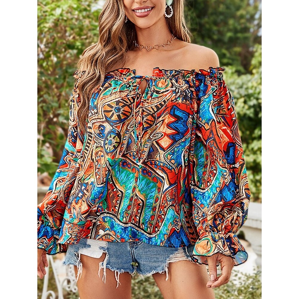 Damen Hemd Bluse Böhmen Retro Vintage Brautkleider schlicht Blumen Normale Oberteile Langarm Schulterfrei Rückenfrei Bedruckt Regular Fit Täglich Blau Grün Sommer Frühling Herbst Lightinthebox