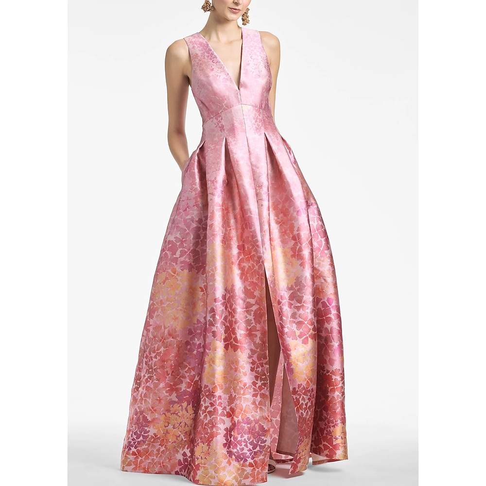 A-Linie Abendkleider Hoher Split Kleid Formal kleid hochzeitsgast Boden-Länge Ärmellos V Ausschnitt Tasche Satin mit Blumenmuster Schlitz Tasche 2024 Lightinthebox