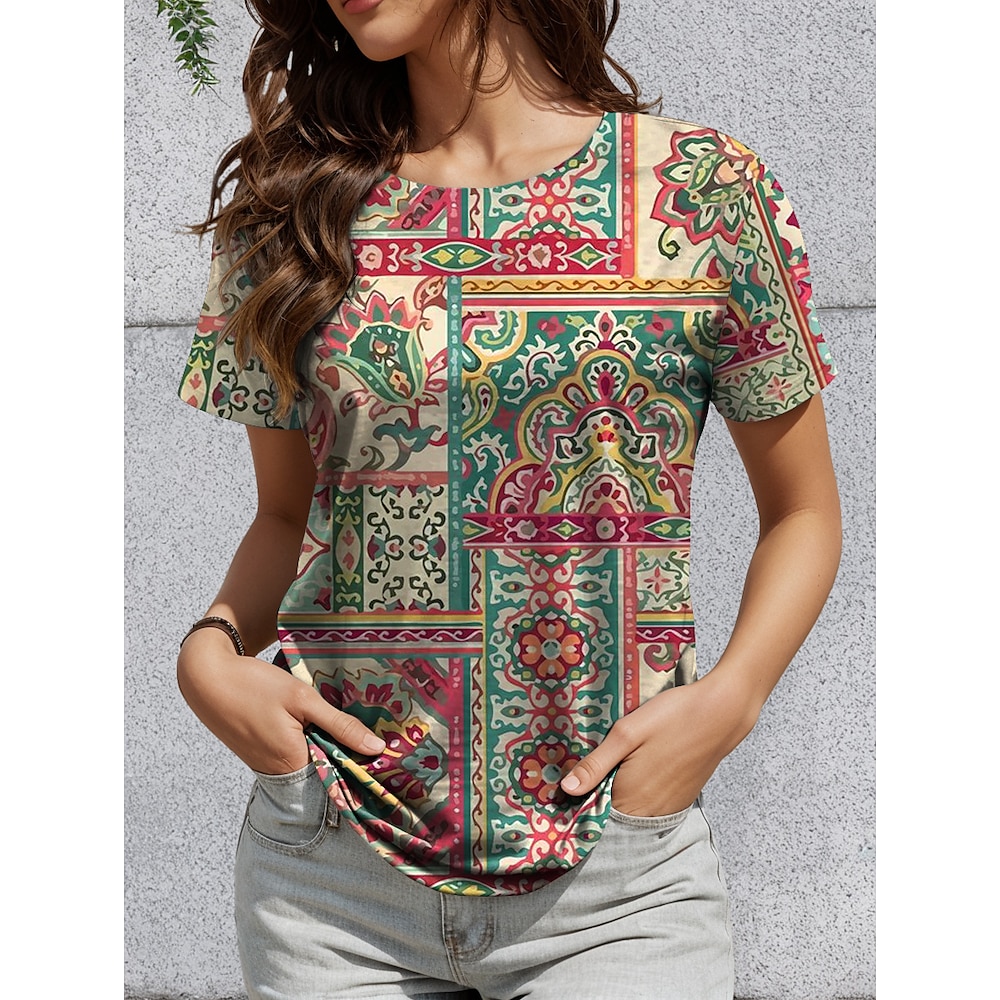 Damen T Shirt Brautkleider schlicht Blumen Graphic Geometrisch Normale Oberteile Kurzarm Rundhalsausschnitt Bedruckt Regular Fit Täglich Gelb Sommer Lightinthebox