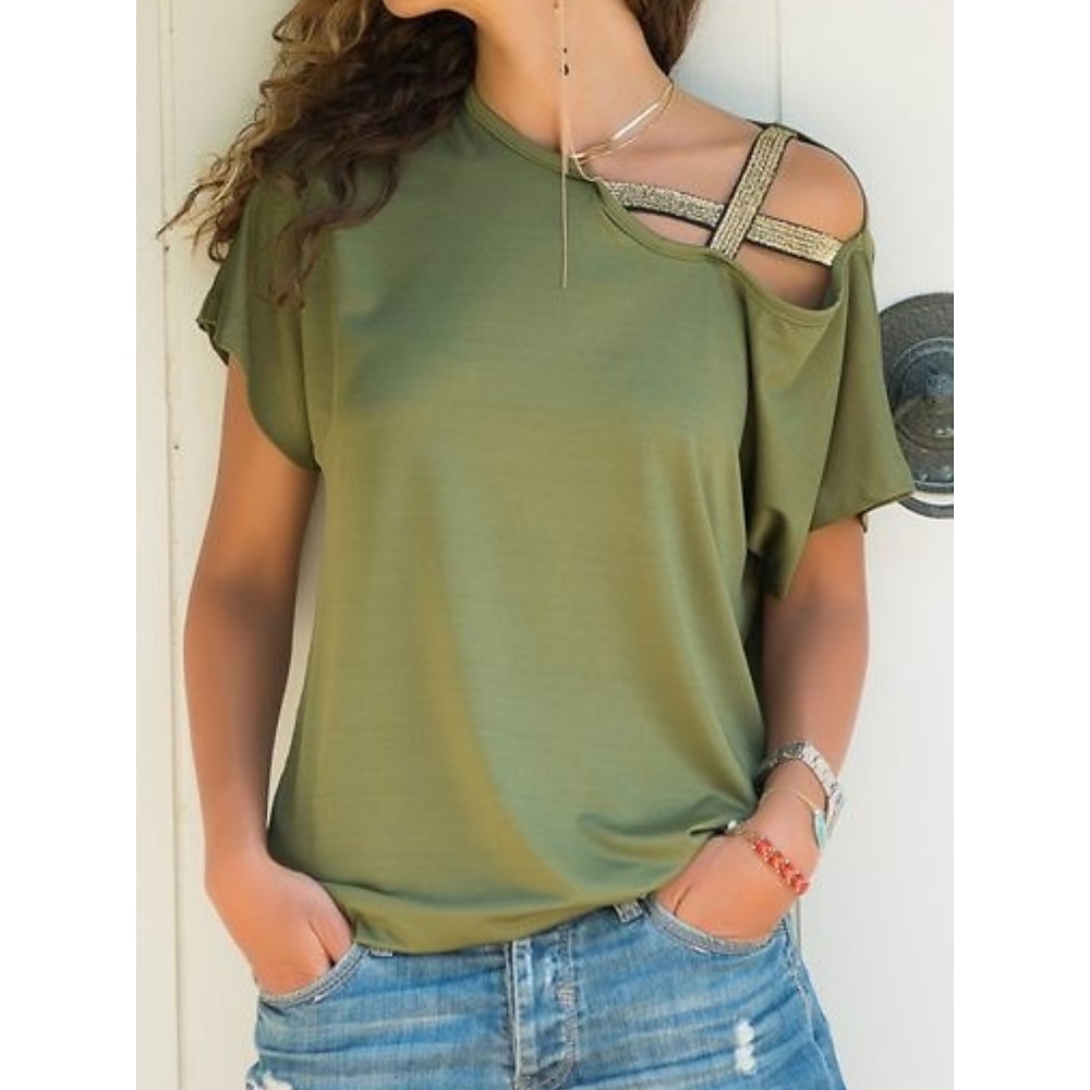 Damen T Shirt Modisch Modern Brautkleider schlicht Glatt Normale Oberteile Kurzarm V Ausschnitt Patchwork Ausgeschnitten Regular Fit Täglich Wochenende Armeegrün Königsblau Sommer Frühling Lightinthebox