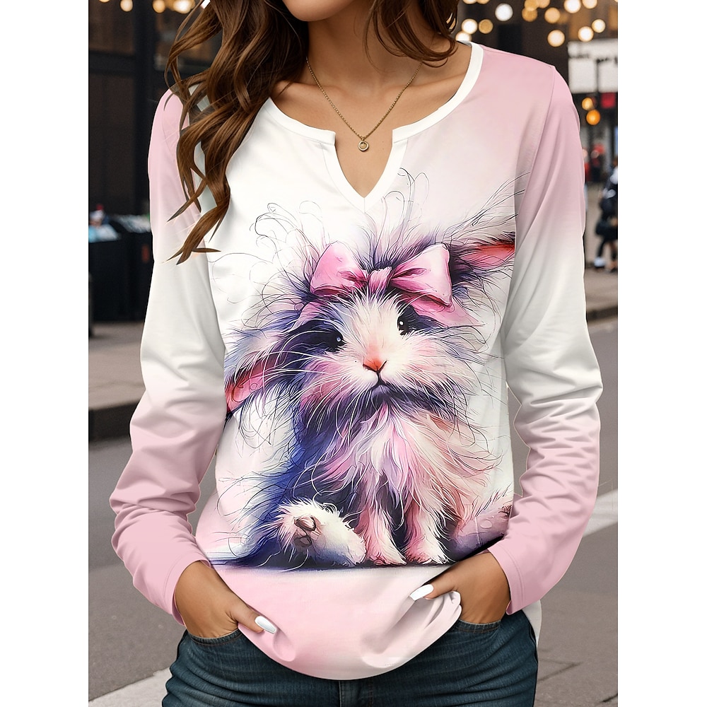 Damen T Shirt Brautkleider schlicht Valentinstag Farbverlauf Tier Normale Oberteile Langarm Gekerbter Hals Bedruckt Regular Fit Täglich Rosa Frühling Herbst Lightinthebox