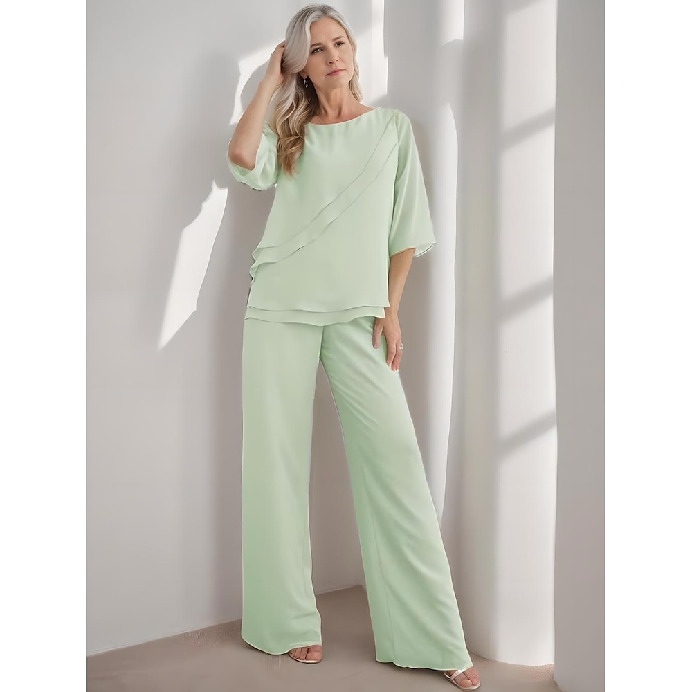 Overall/Hosenanzug Mutter der Braut Kleid elegant schlicht U-Boot-Ausschnitt bodenlang Chiffon Halbarm mit Rüschen einfarbig 2025 Lightinthebox