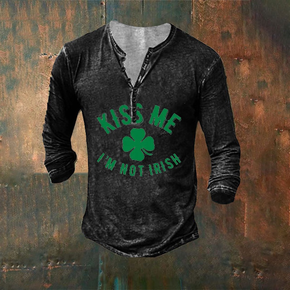 Herren St. Patrick Graphic Vierblättriges Kleeblatt Kiss Me I'm Not Irish T Shirt Henley Shirt Tee Langarm Vintage Designer Stilvoll Outdoor Täglich Sport Frühling Sommer Grau Schwarz Braun Grün Blau Lightinthebox