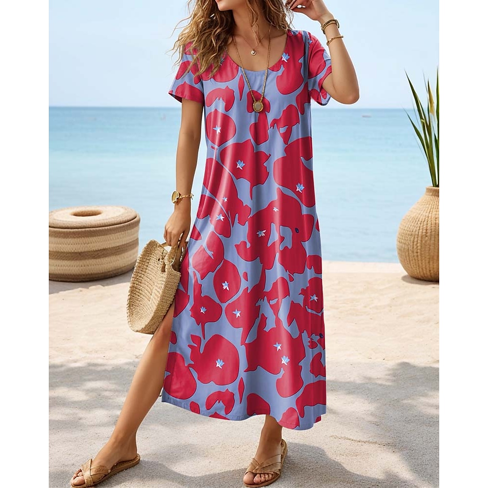 Damen Casual kleid Vintage Ethnisch Blumen Maxidress Kurzarm Rundhalsausschnitt Gespleisst Bedruckt Regular Fit Urlaub Blau Sommer Lightinthebox