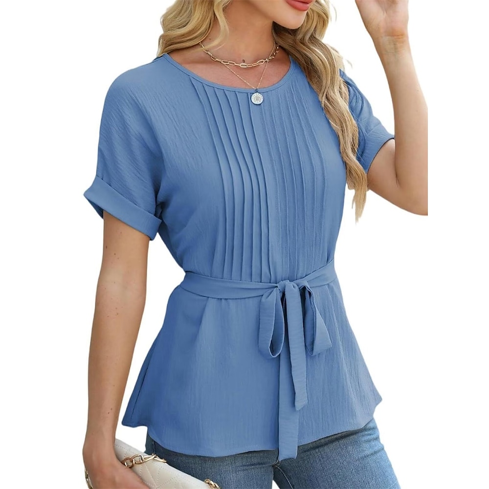 Damen Hemd Bluse Elegant Stilvoll Brautkleider schlicht Feste Farbe Normale Oberteile Kurzarm Rundhalsausschnitt Rüschen Regular Fit Arbeit Täglich Ausgehen Blau Khaki Sommer Frühling Lightinthebox