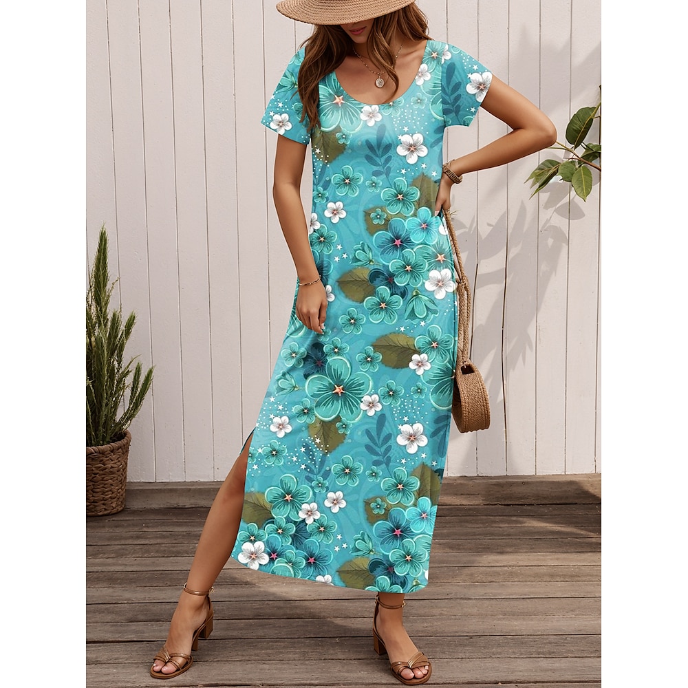 Damen Casual kleid A Linie Kleid Stilvoll Brautkleider schlicht Blumen Maxidress Kurzarm Rundhalsausschnitt Bedruckt Regular Fit Urlaub Täglich Grün Frühling Herbst Lightinthebox