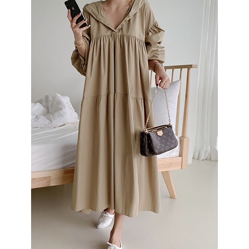 Damen blusenkleid Baumwoll-Leinenkleid Basic Brautkleider schlicht Glatt Maxidress Langarm Mit Kapuze Rüsche Regular Fit Urlaub Täglich Schwarz Khaki Frühling Herbst Lightinthebox