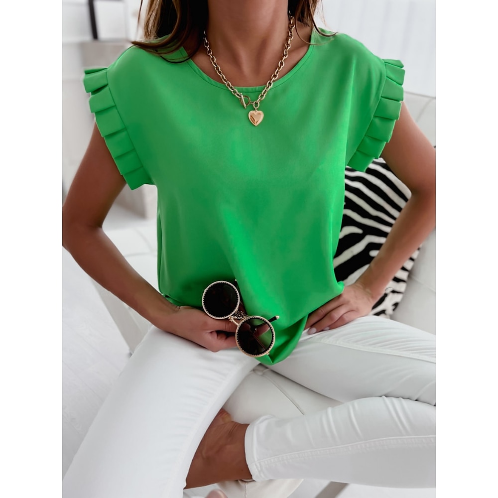 Damen Hemd Bluse Stilvoll Brautkleider schlicht Feste Farbe Normale Oberteile Kurzarm Rundhalsausschnitt Rüsche Regular Fit Täglich Fuchsie Grün Sommer Frühling Lightinthebox