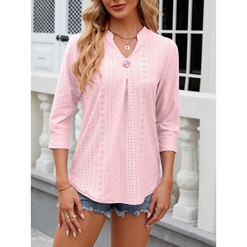 Damen Hemd Bluse Stilvoll Brautkleider schlicht Blumen Normale Oberteile Langarm Gekerbter Hals Öse Regular Fit Täglich Weiß Rosa Sommer Frühling Lightinthebox