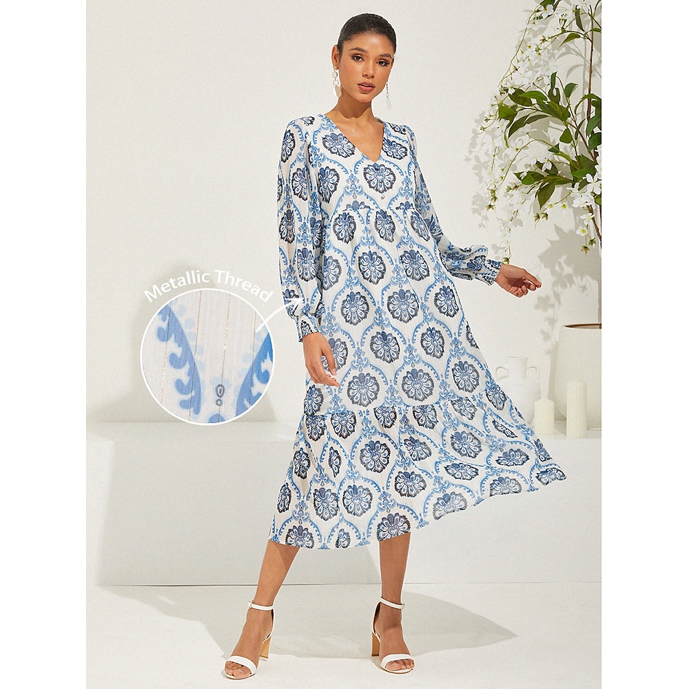 Damen Casual kleid Böhmen Brautkleider schlicht Geometrisch Midikleid Langarm Puffärmel V Ausschnitt Bedruckt Kittel Lockere Passform ChiffonDressesUrlaub Täglich Himmelblau Sommer Frühling Lightinthebox