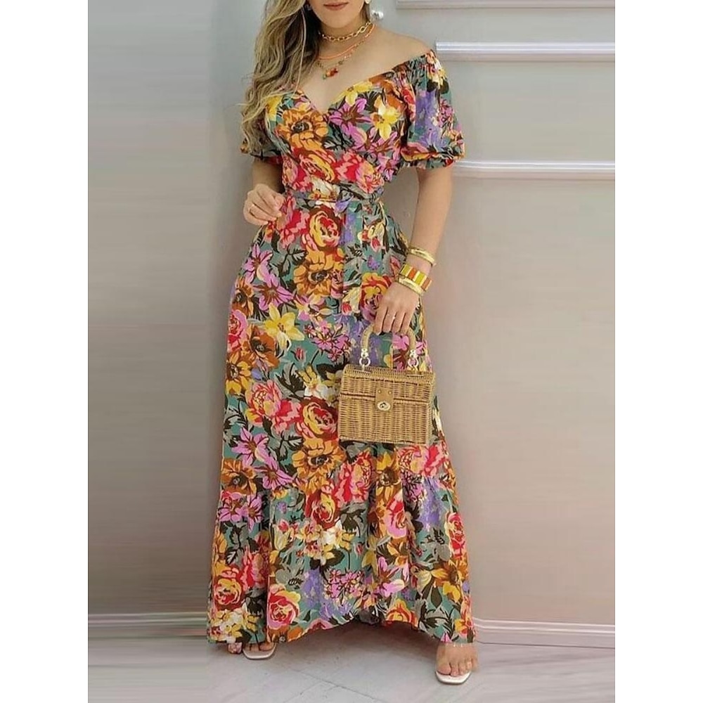 Damen Casual kleid A Linie Kleid Stilvoll Brautkleider schlicht Blumen Maxidress Kurzarm V Ausschnitt Bedruckt Gespaltener Oberschenkel Regular Fit Urlaub Täglich Grün Frühling Herbst Lightinthebox