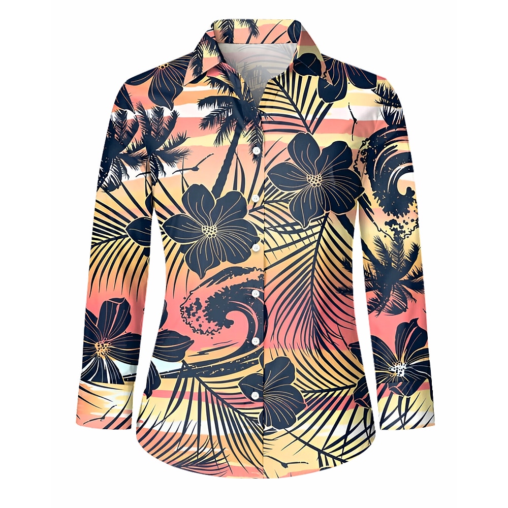 Womens Hawaiian Shirts Lässige Blatt Reguläre Tops Lange Ärmel Hemd Kragen Knöpfe Druck Reguläre Passform Täglich Orange Sommer Urlaub Kleidung Strand Bekleidung Lightinthebox