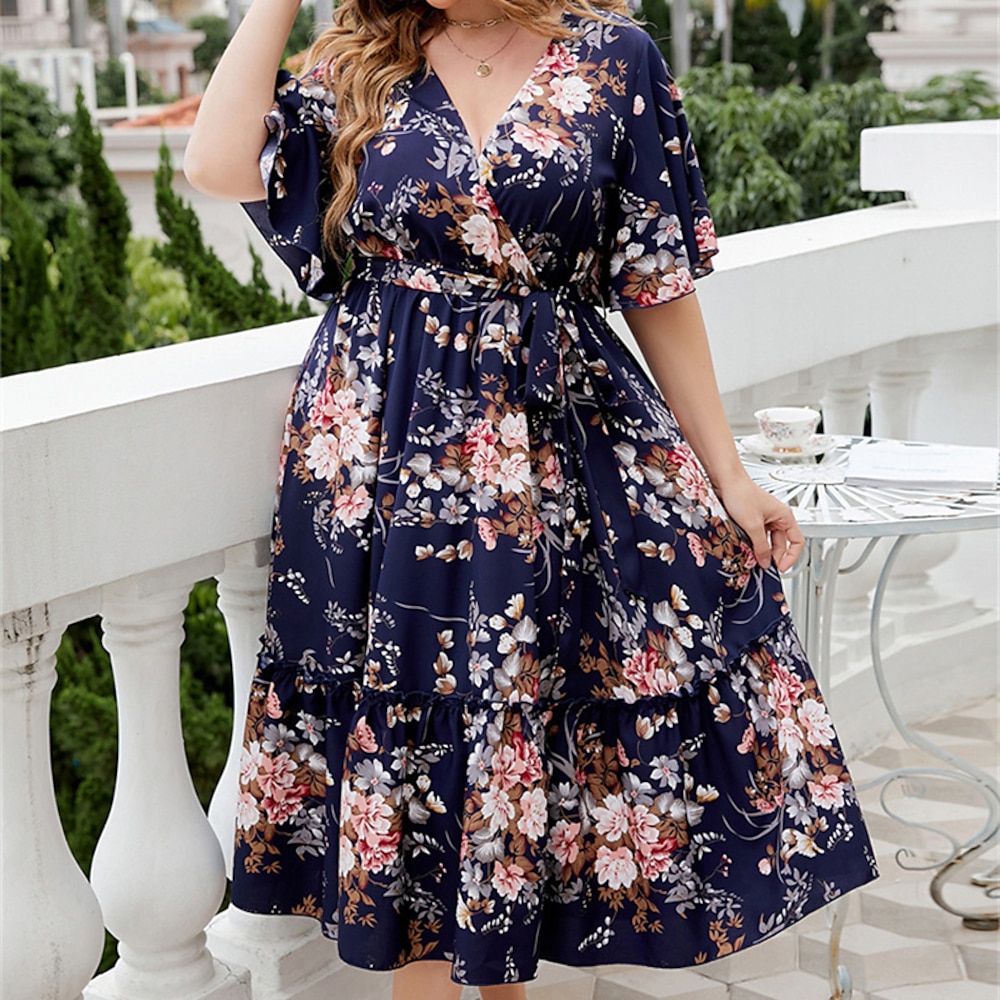 Damen Casual kleid A Linie Kleid Blumenkleid Sommerkleid Elegant Stilvoll Blumen kleid lang Kurzarm V Ausschnitt Lockere Passform Urlaub Täglich Verabredung Dunkelblau Sommer Lightinthebox