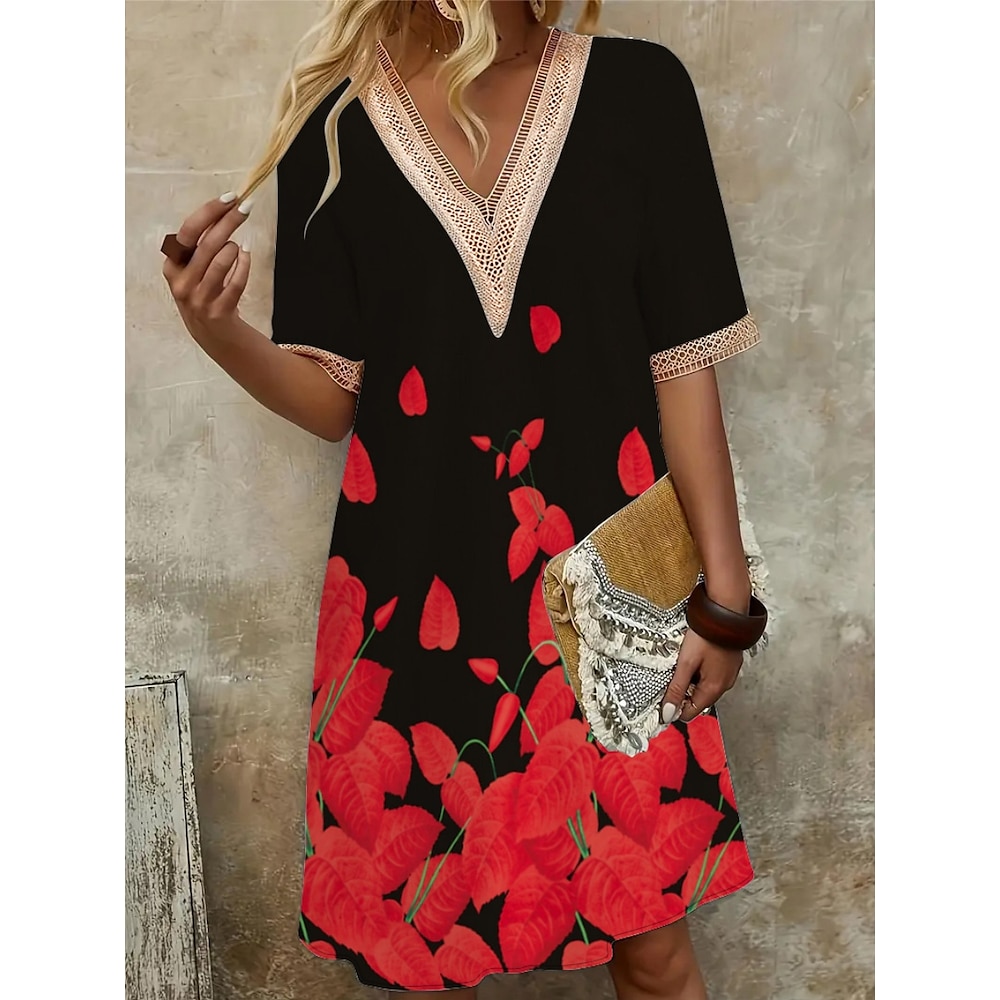 Damen Casual kleid Stilvoll Brautkleider schlicht Blumen Minikleid Kurzarm V Ausschnitt Spitze Patchwork Bedruckt Regular Fit Urlaub Täglich Weiß Rote Sommer Lightinthebox