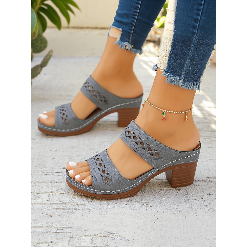 Graue Cutout-Sandalen mit Blockabsatz und Stickmuster für Damen - bequeme und stylische Schuhe für sommerliche Casual- und Boho-Outfits Lightinthebox