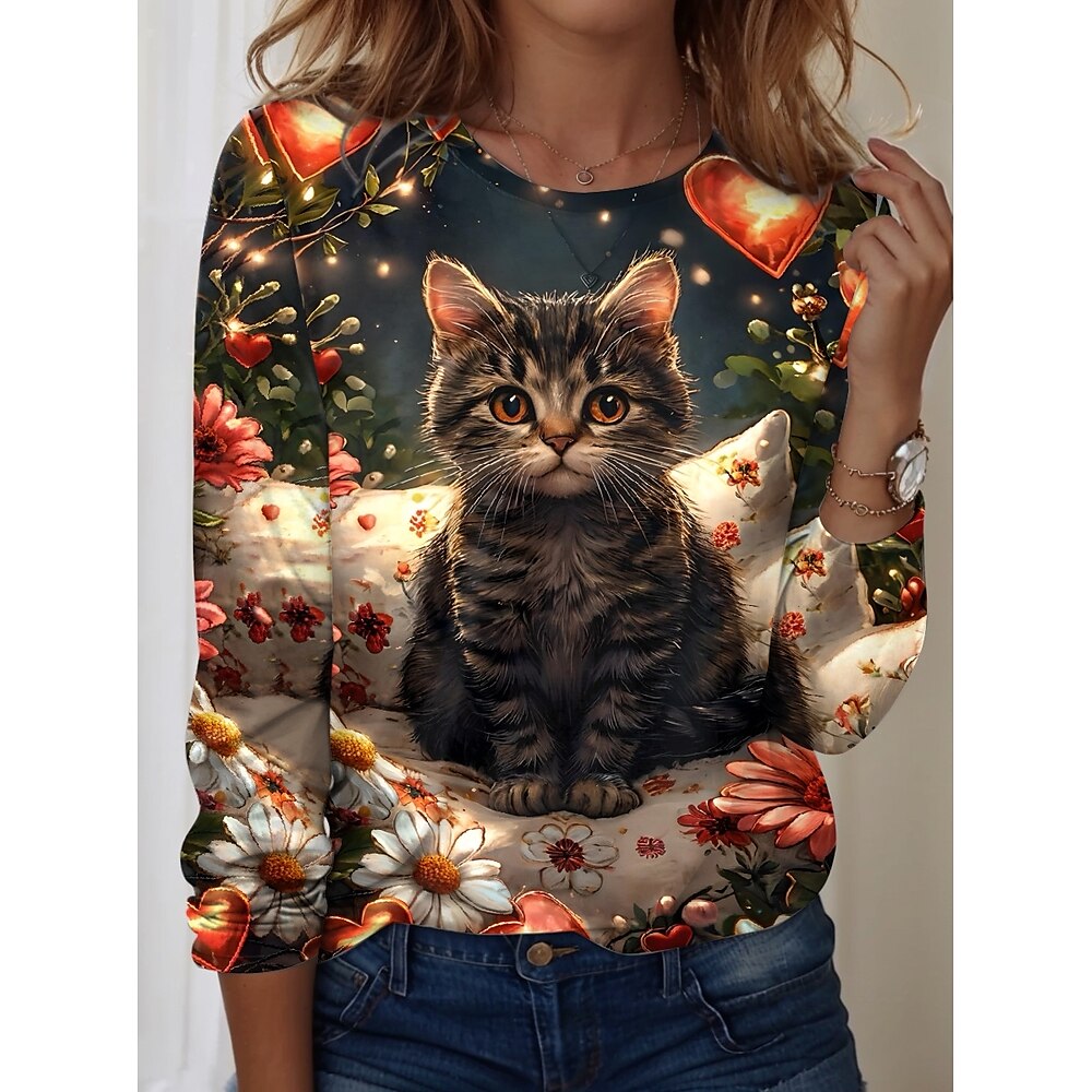 Damen T Shirt Brautkleider schlicht Valentinstag Herz Katze Normale Oberteile Langarm Rundhalsausschnitt Bedruckt Regular Fit Täglich Schwarz Frühling Herbst Lightinthebox