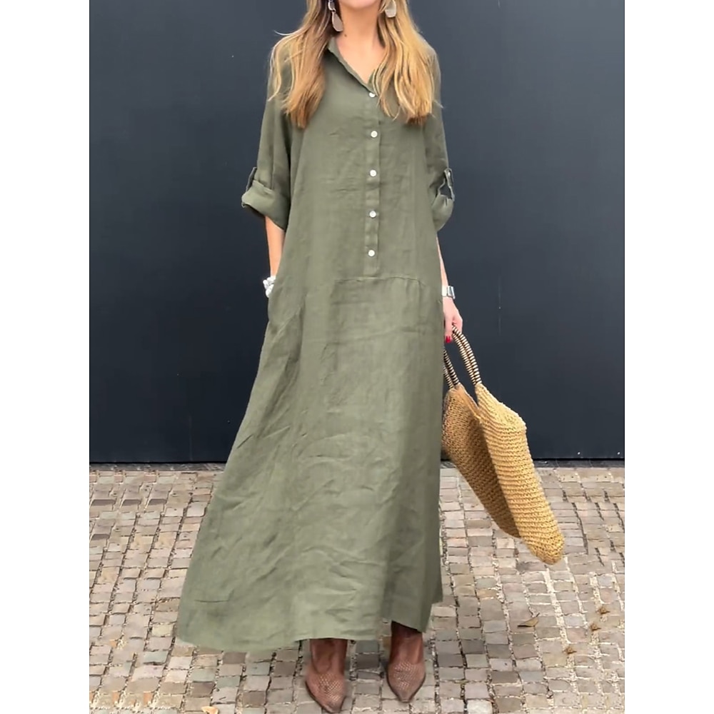 Damen Casual kleid Baumwoll-Leinenkleid A Linie Kleid Basic Brautkleider schlicht Glatt Maxidress Langarm Hemdkragen Knopf Tasche Regular Fit Urlaub Täglich Rosa Grün Grau Frühling Herbst Lightinthebox