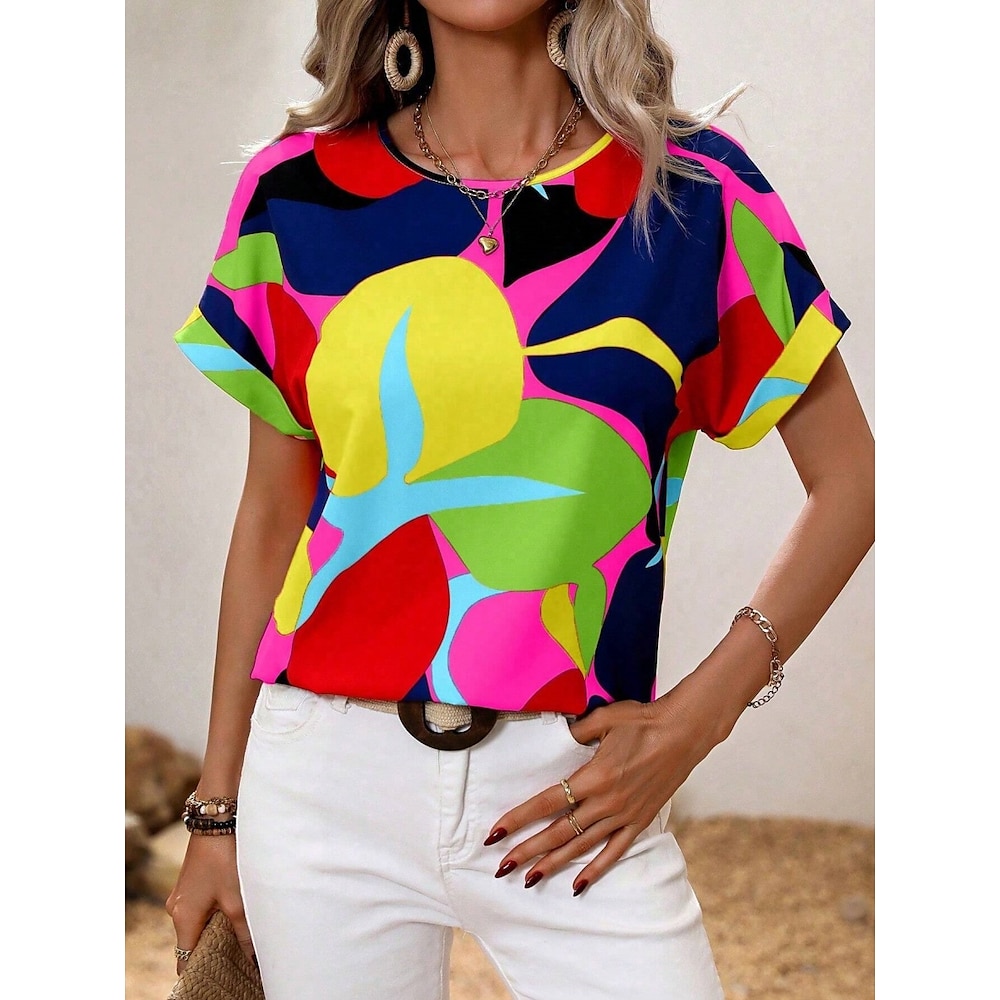 Damen Hemd Bluse Stilvoll Brautkleider schlicht Geometrisch Normale Oberteile Kurzarm Rundhalsausschnitt Bedruckt Regular Fit Täglich Gelb Sommer Frühling Lightinthebox