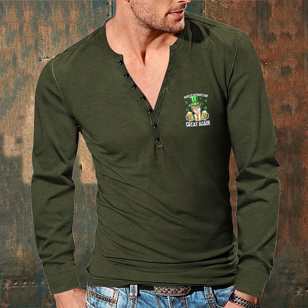 Herren St. Patricks Day Kleeblatt T-Shirt Henley Shirt Tee T-Shirt St. Patrick Day Henley Urlaub Strasse Langarm Schnalle Bekleidung Polyester Modisch St. Patricks Day Lightinthebox