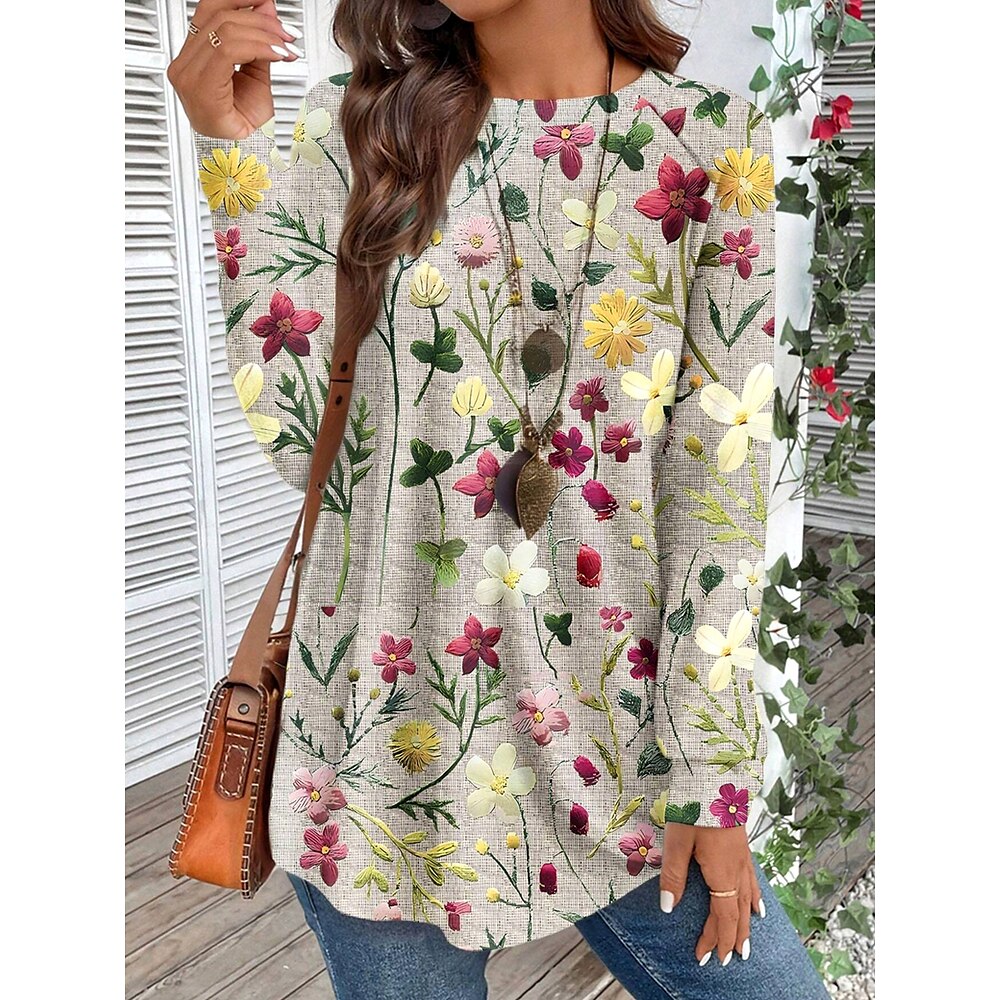 Damen T Shirt Brautkleider schlicht Blumen Lange Oberteile Langarm Rundhalsausschnitt Bedruckt Regular Fit Täglich Khaki Frühling Winter Lightinthebox