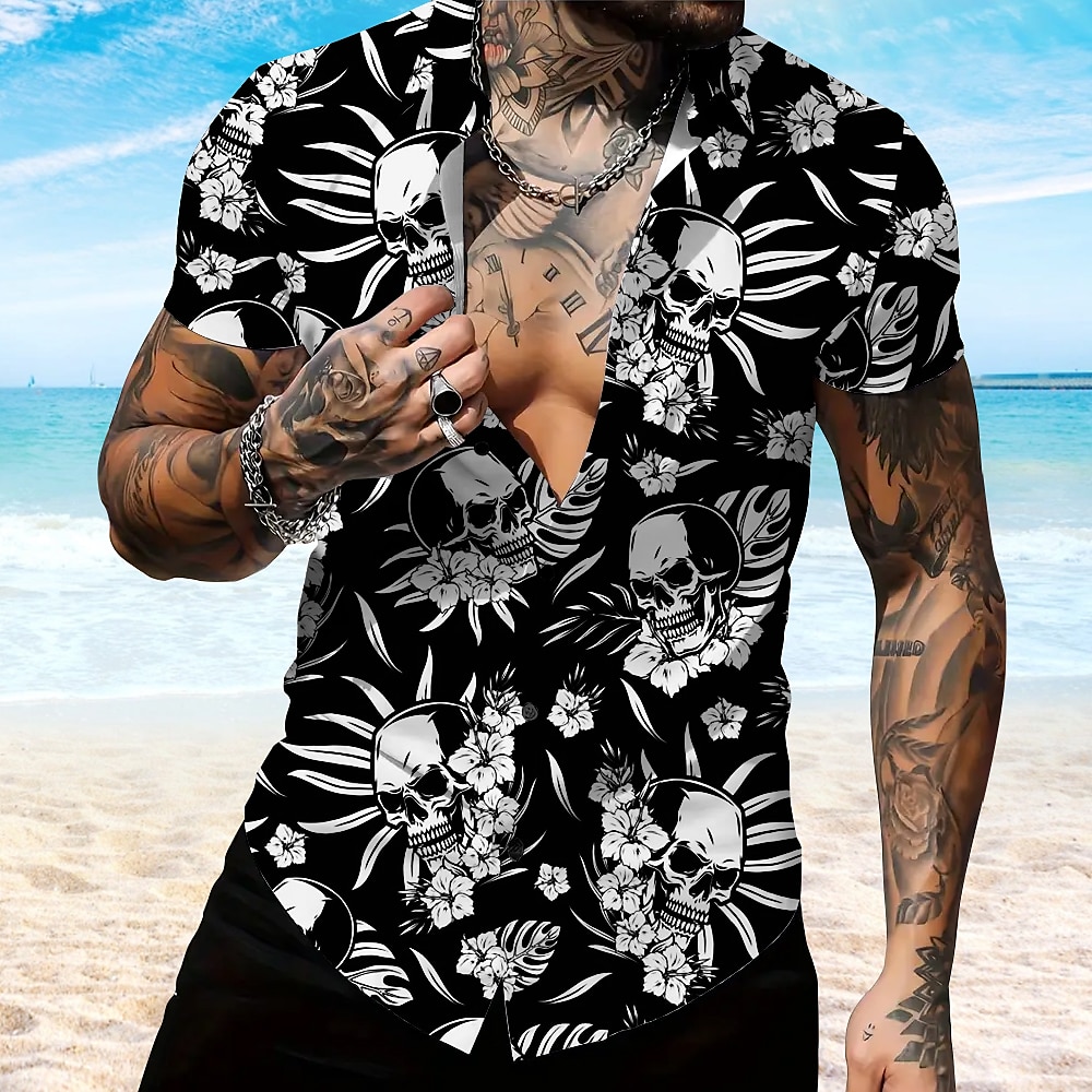 Herren Blatt Skelett Hawaiihemd Sommerhemd Aloha-Shirt Kurzarm Hawaiianisch Grusel Urlaub Sommer Frühling Umlegekragen Knopf hoch Weiß Blau Purpur Grün Lightinthebox